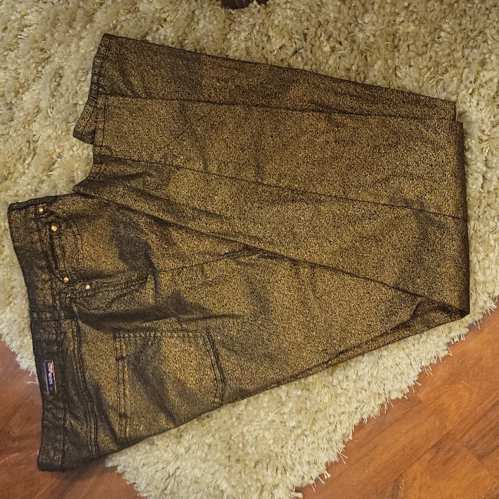 MNG JEANS black & gold metallic stretch tapered jeans copper hardware sz 12 EUC…